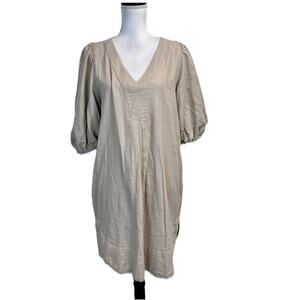 Cynthia Rowley Dress sz Medium Tan Stone Linen A Line Knee Pockets Peasant Boho